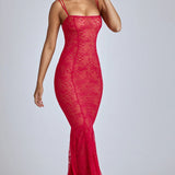Oh Polly Marietta Sheer Lace Fishtail Gown in Cherry Red