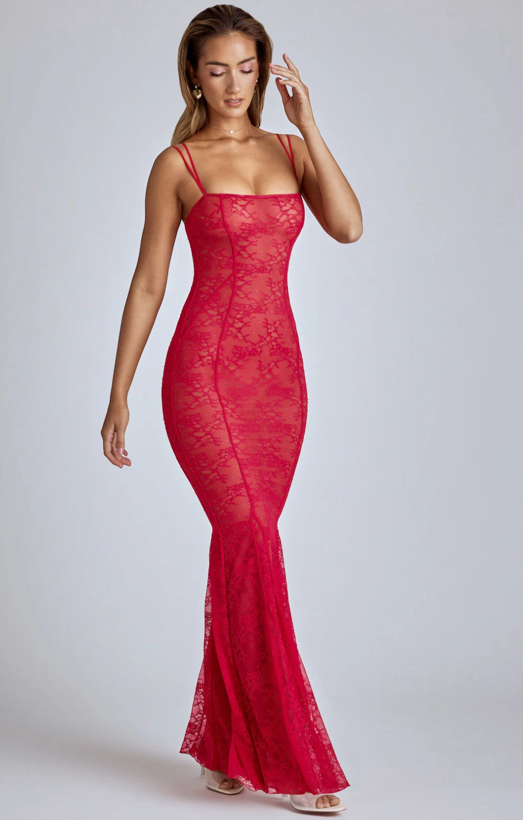 Oh Polly Marietta Sheer Lace Fishtail Gown in Cherry Red