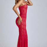 Oh Polly Marietta Sheer Lace Fishtail Gown in Cherry Red