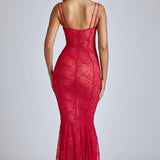 Oh Polly Marietta Sheer Lace Fishtail Gown in Cherry Red