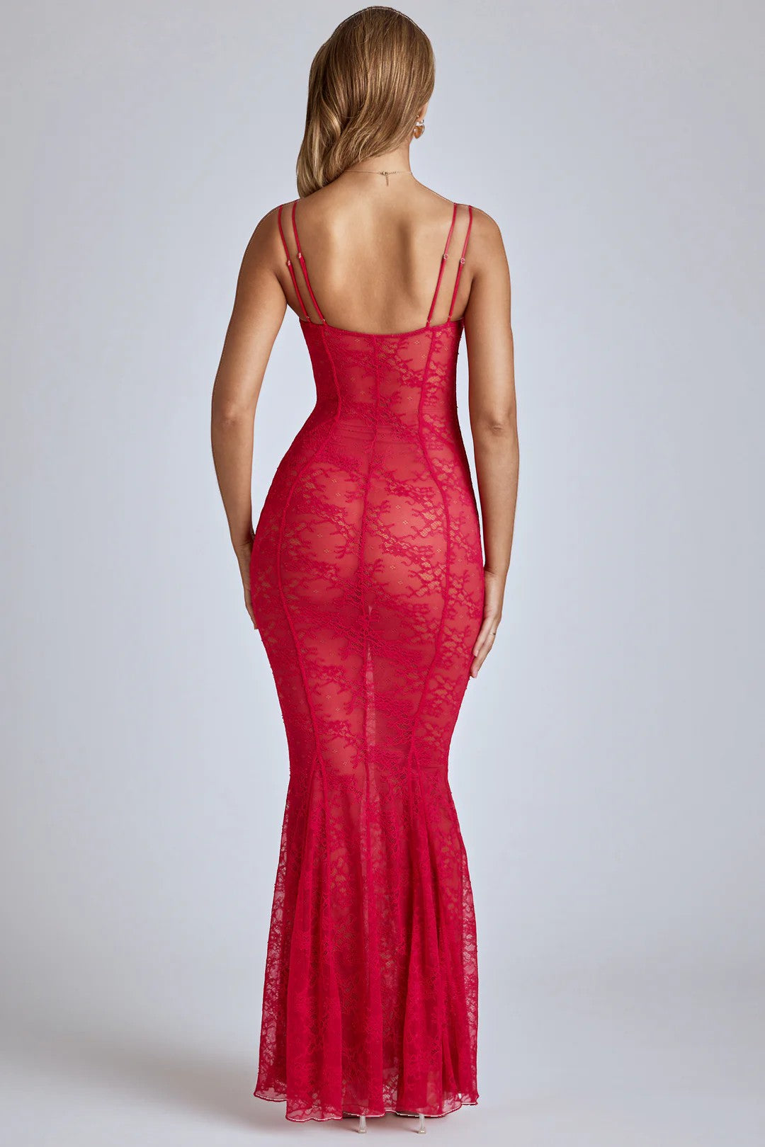 Oh Polly Marietta Sheer Lace Fishtail Gown in Cherry Red