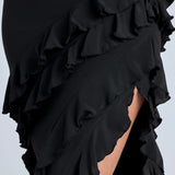 Oh Polly Aurelie Panelled Ruffle Evening Gown in Black