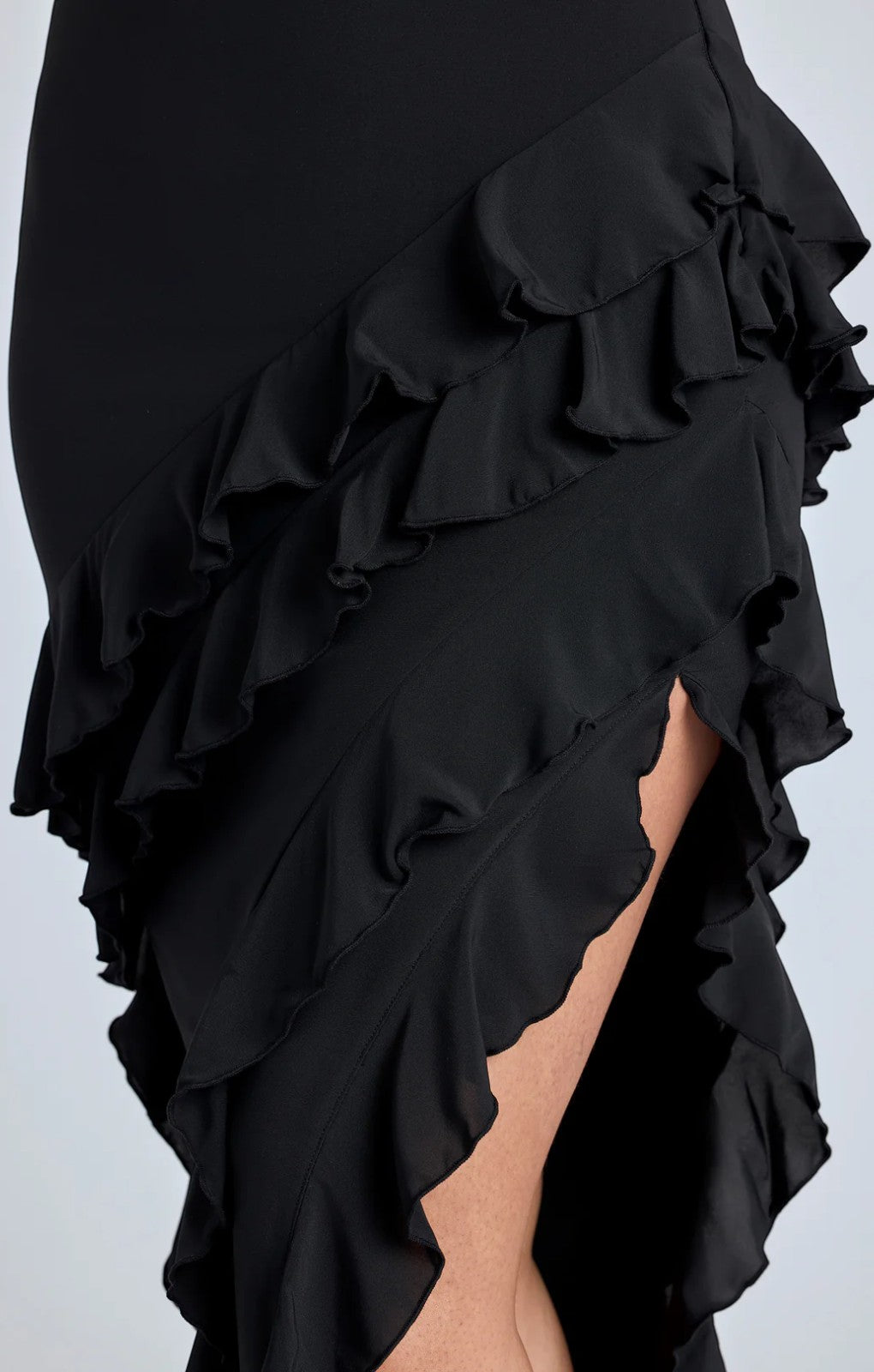 Oh Polly Aurelie Panelled Ruffle Evening Gown in Black