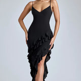 Oh Polly Aurelie Panelled Ruffle Evening Gown in Black