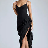 Oh Polly Aurelie Panelled Ruffle Evening Gown in Black