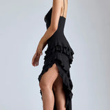 Oh Polly Aurelie Panelled Ruffle Evening Gown in Black