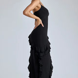 Oh Polly Aurelie Panelled Ruffle Evening Gown in Black