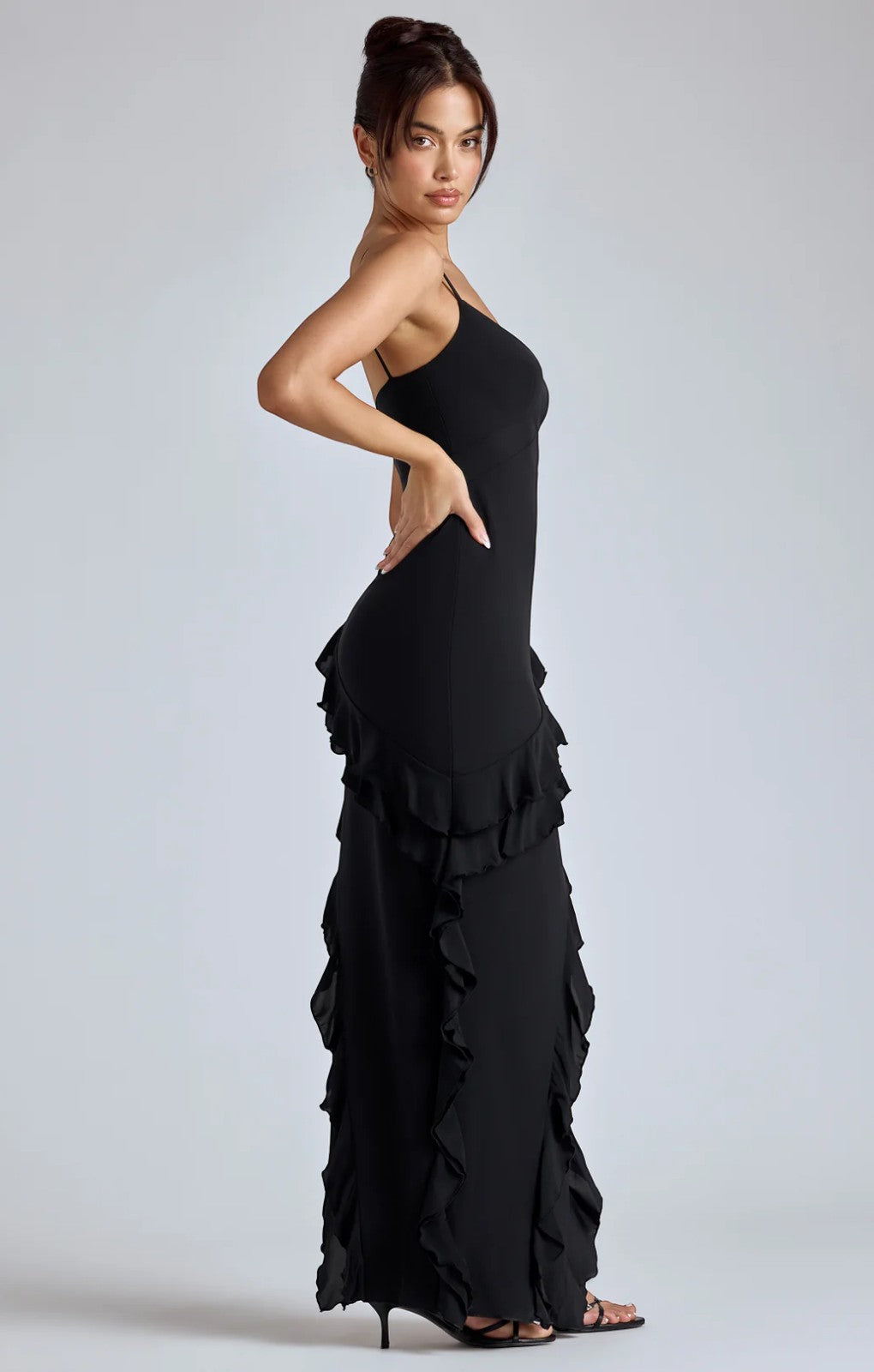 Oh Polly Aurelie Panelled Ruffle Evening Gown in Black