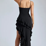 Oh Polly Aurelie Panelled Ruffle Evening Gown in Black
