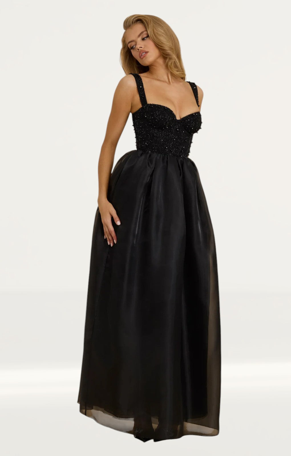 Oh Polly Corset Organza Maxi Dress in Black