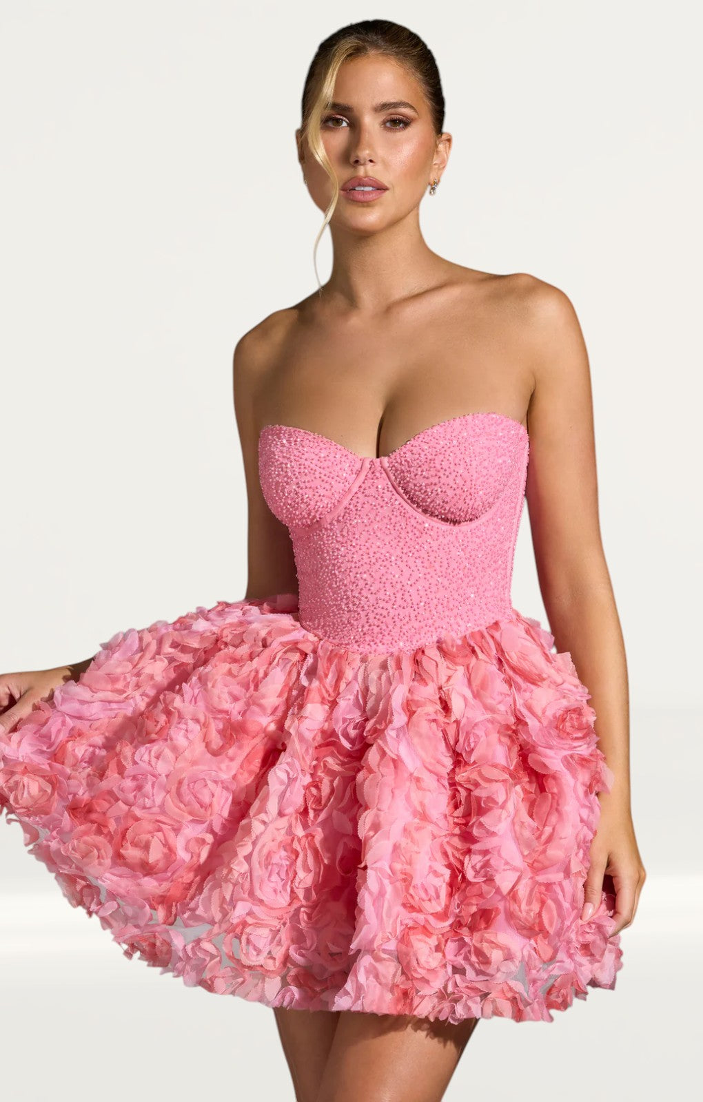 Oh Polly Evanthe Embellished Floral-Appliqué Lace-Up Mini Dress in Pink