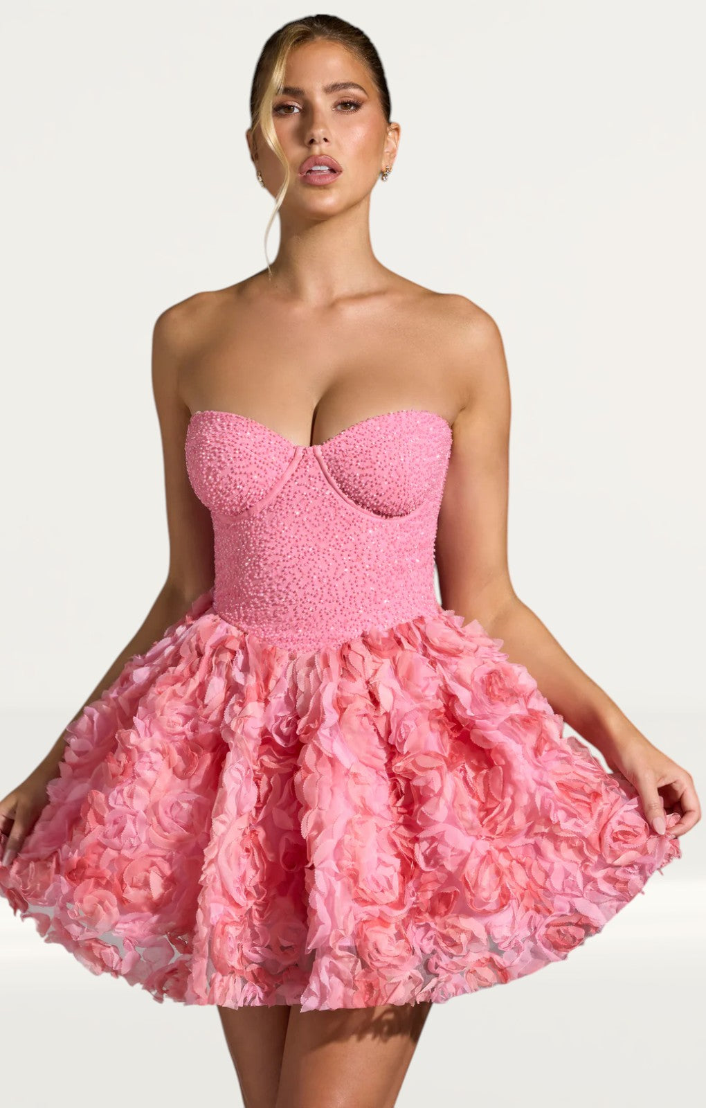 Oh Polly Evanthe Embellished Floral-Appliqué Lace-Up Mini Dress in Pink