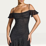 Oh Polly Beaufort Embellished Cold Shoulder Mini Dress in Black
