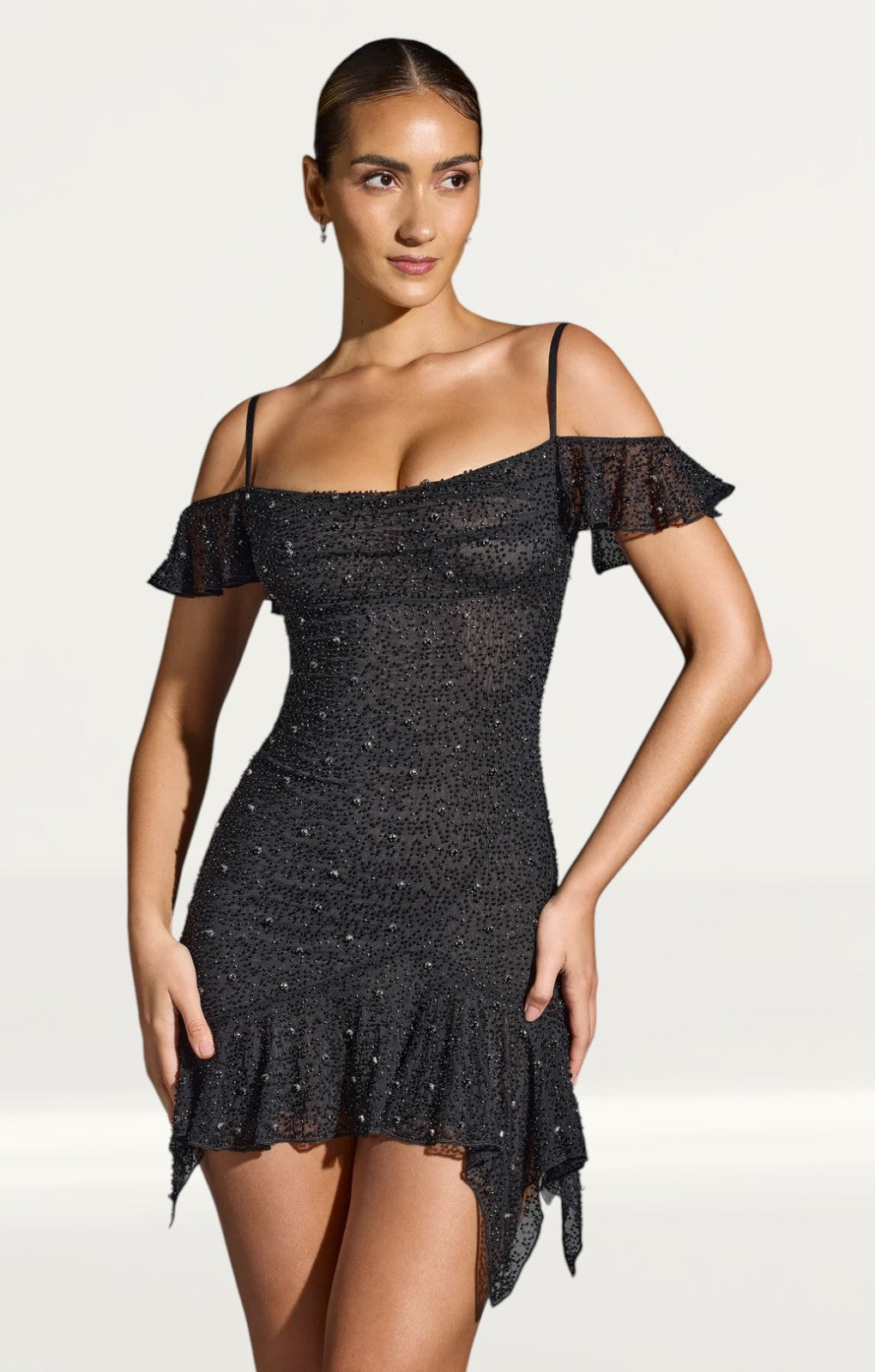 Oh Polly Beaufort Embellished Cold Shoulder Mini Dress in Black