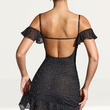 Oh Polly Beaufort Embellished Cold Shoulder Mini Dress in Black
