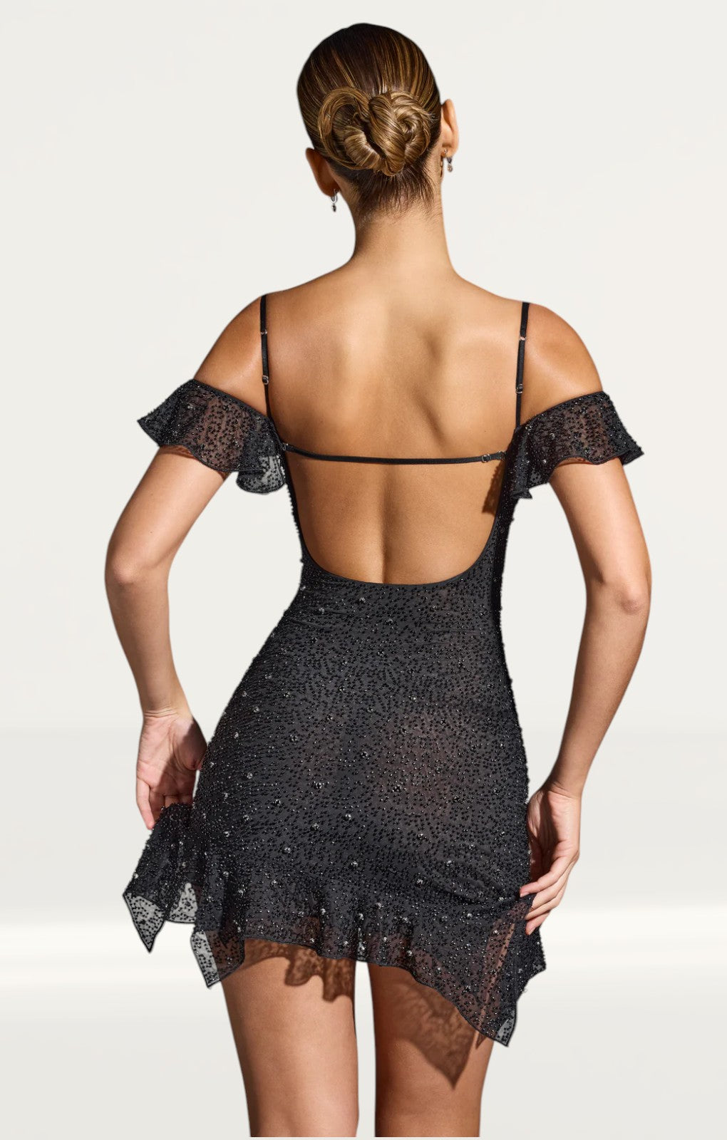 Oh Polly Beaufort Embellished Cold Shoulder Mini Dress in Black