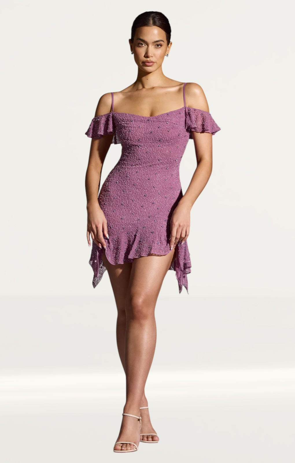 Oh Polly Beaufort Embellished Cold Shoulder Mini Dress in Grape