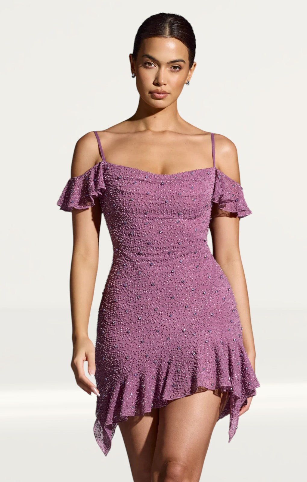 Oh Polly Beaufort Embellished Cold Shoulder Mini Dress in Grape