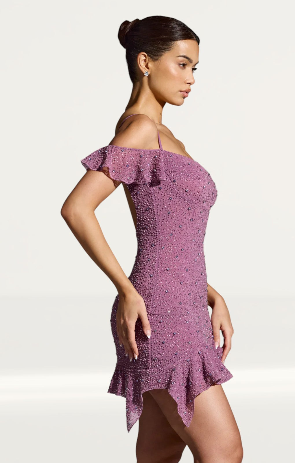 Oh Polly Beaufort Embellished Cold Shoulder Mini Dress in Grape