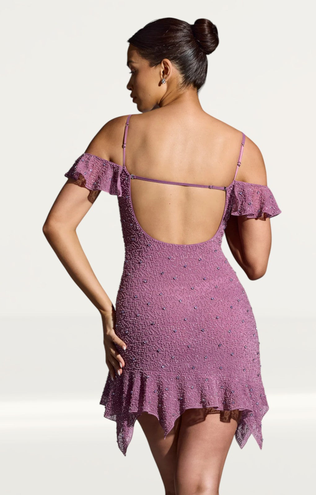 Oh Polly Beaufort Embellished Cold Shoulder Mini Dress in Grape