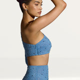 Oh Polly Amboise Embellished One Shoulder Top in Smokey Blue