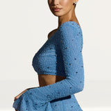 Oh Polly Amboise Embellished One Shoulder Top in Smokey Blue
