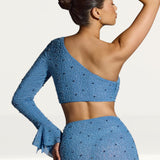 Oh Polly Amboise Embellished One Shoulder Top in Smokey Blue
