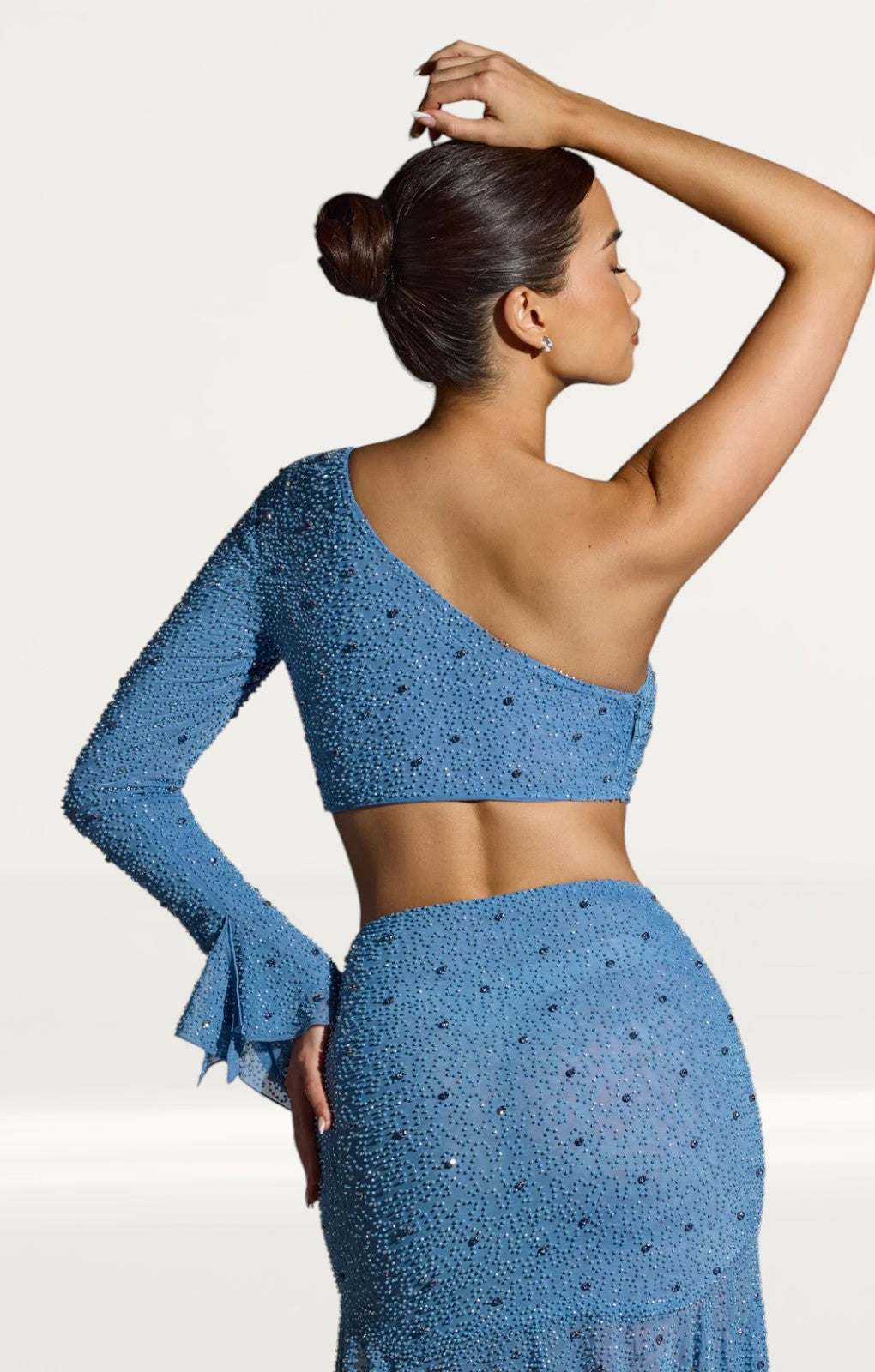 Oh Polly Amboise Embellished One Shoulder Top in Smokey Blue