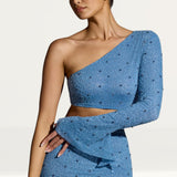 Oh Polly Amboise Embellished One Shoulder Top in Smokey Blue