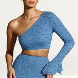 Oh Polly Amboise Embellished One Shoulder Top in Smokey Blue