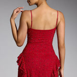 Oh Polly Domblans Embellished Frill Mini Dress in Red