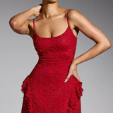 Oh Polly Domblans Embellished Frill Mini Dress in Red