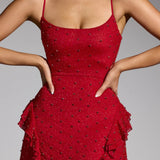 Oh Polly Domblans Embellished Frill Mini Dress in Red