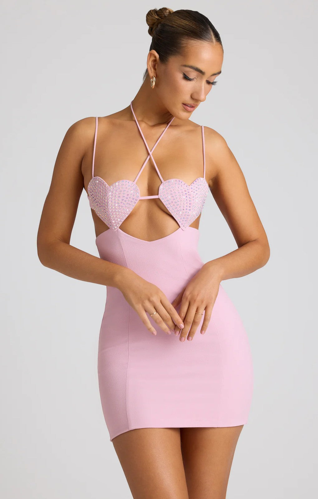 Oh Polly Lavinie Embellished Heart Cup Detail Mini Dress in Soft Pink