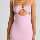 Oh Polly Lavinie Embellished Heart Cup Detail Mini Dress in Soft Pink