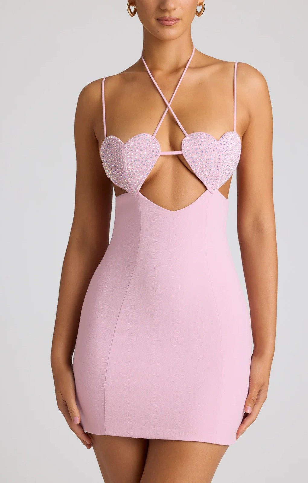 Oh Polly Lavinie Embellished Heart Cup Detail Mini Dress in Soft Pink
