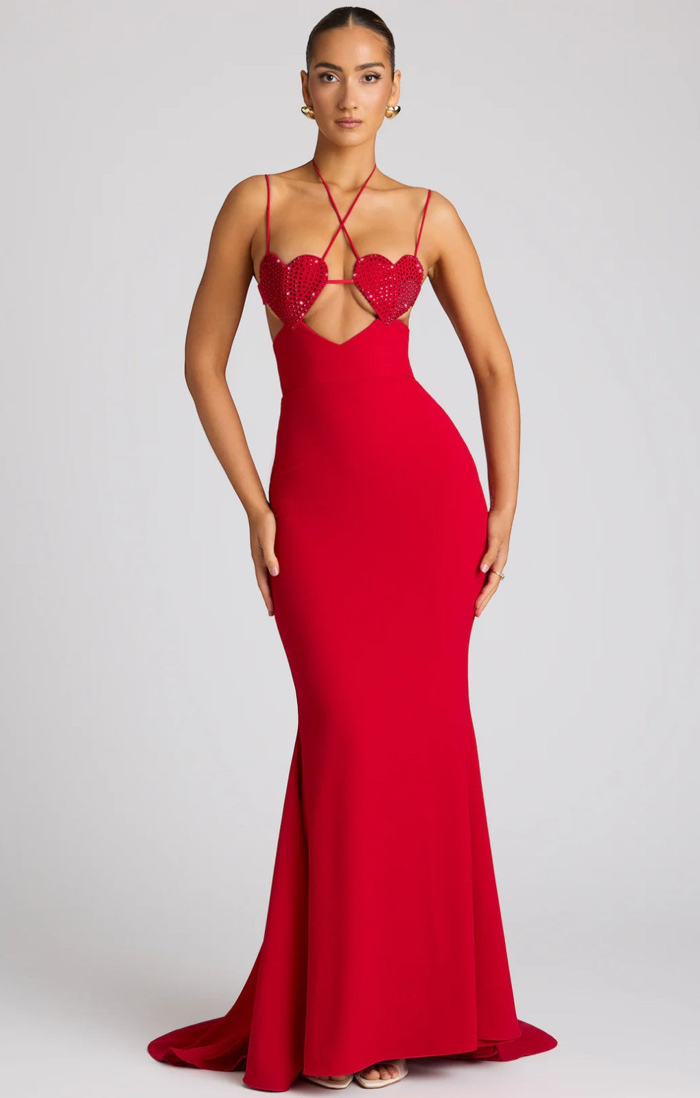 Oh Polly Serena Embellished Heart Cup Detail Evening Gown in Fire Red
