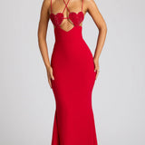 Oh Polly Serena Embellished Heart Cup Detail Evening Gown in Fire Red