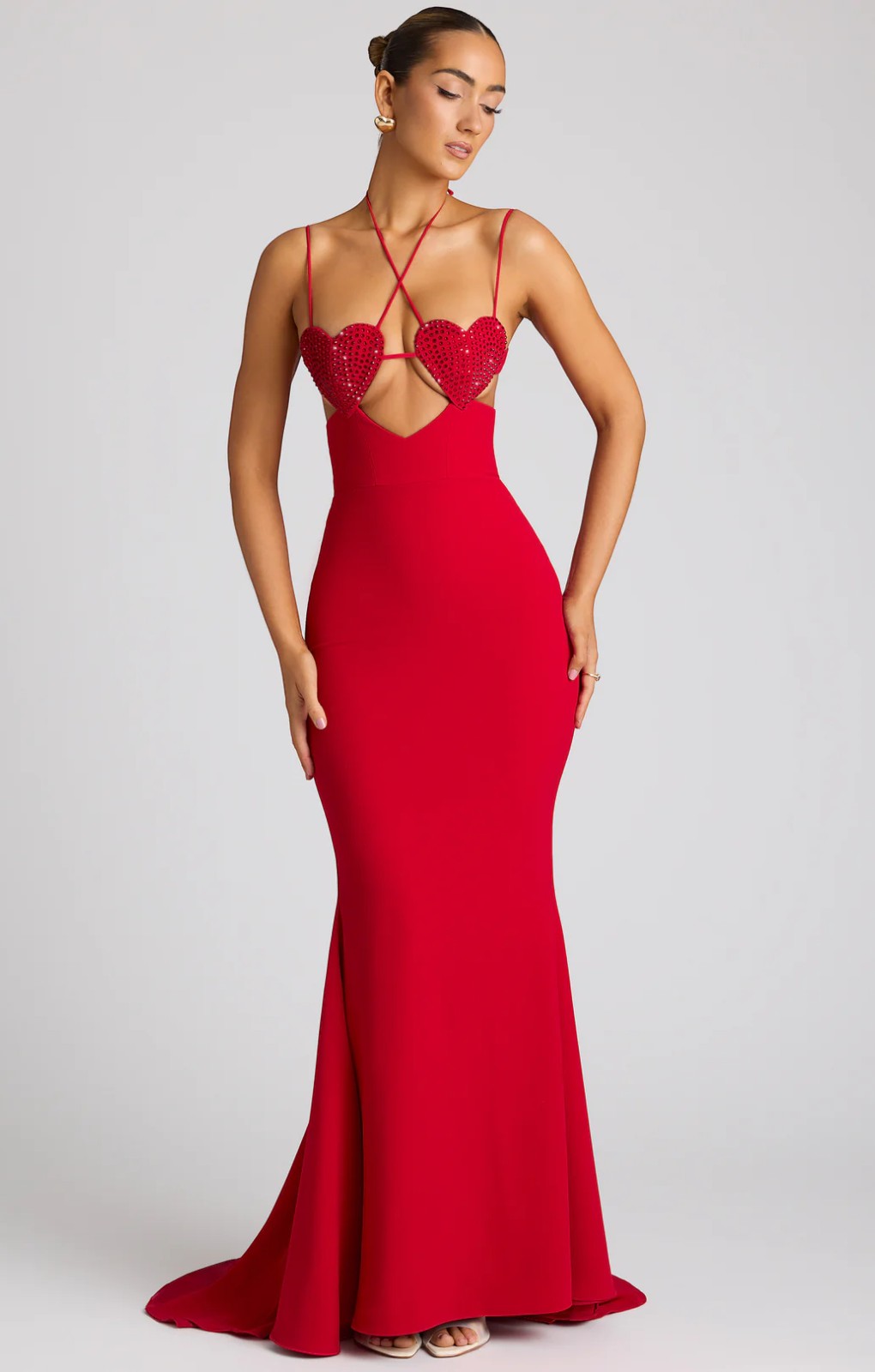 Oh Polly Serena Embellished Heart Cup Detail Evening Gown in Fire Red