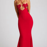 Oh Polly Serena Embellished Heart Cup Detail Evening Gown in Fire Red
