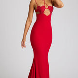 Oh Polly Serena Embellished Heart Cup Detail Evening Gown in Fire Red