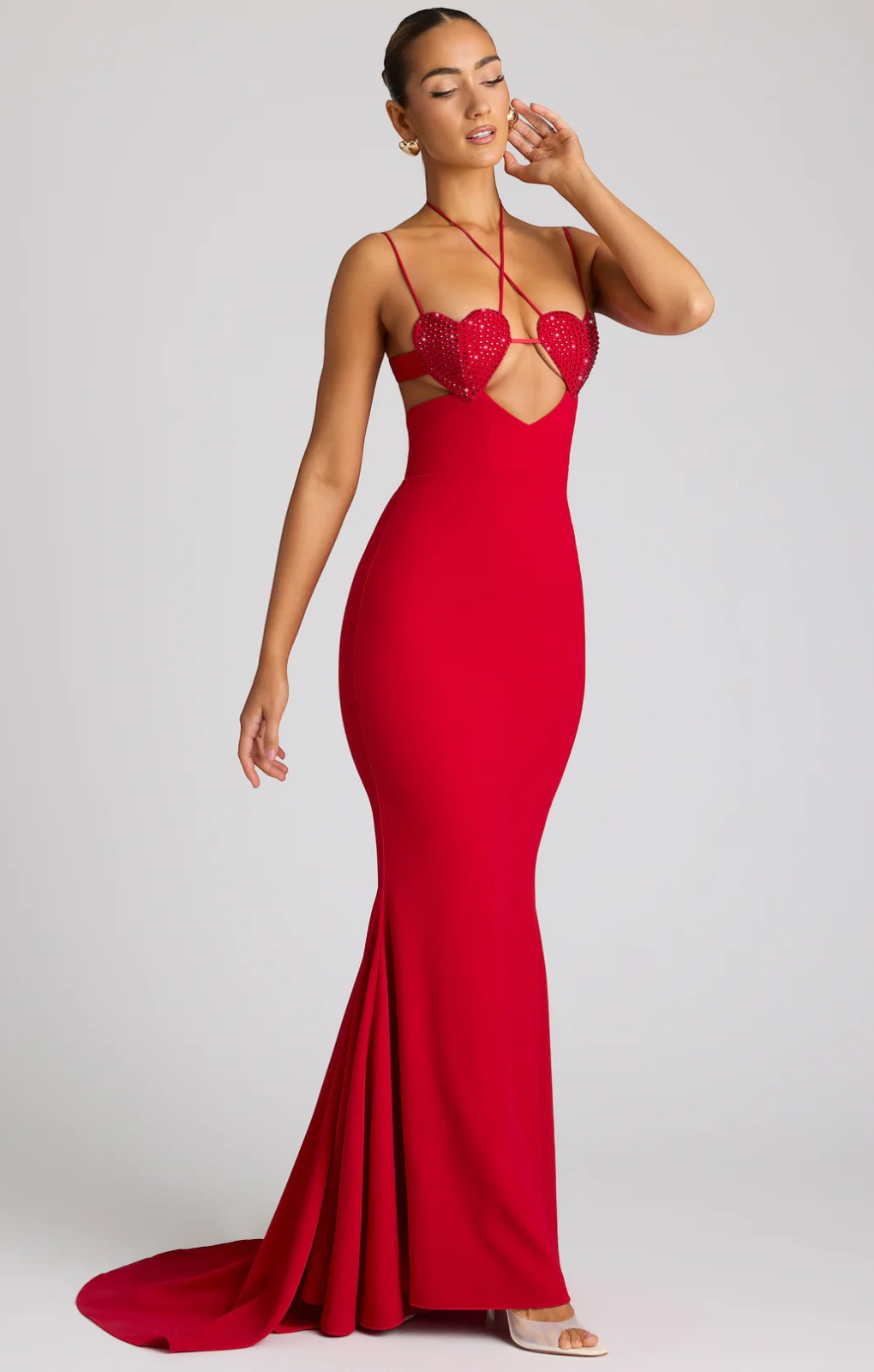 Oh Polly Serena Embellished Heart Cup Detail Evening Gown in Fire Red