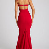 Oh Polly Serena Embellished Heart Cup Detail Evening Gown in Fire Red