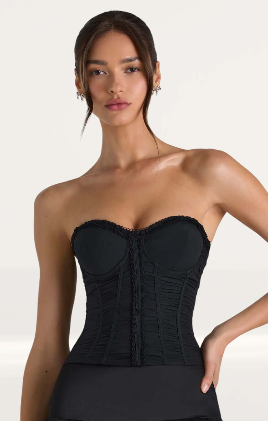 Oh Polly Melvina Ruched Lace-Up Strapless Corset Top in Black