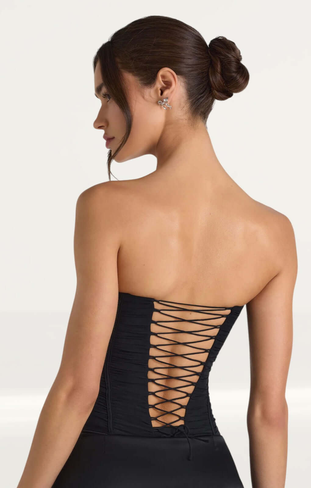 Oh Polly Melvina Ruched Lace-Up Strapless Corset Top in Black