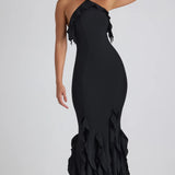 EXHIRE Oh Polly Mireya Ruffle-Trim Halterneck Gown in Black UK 12 – dresses by Oh Polly, available to rent from Hirestreet
