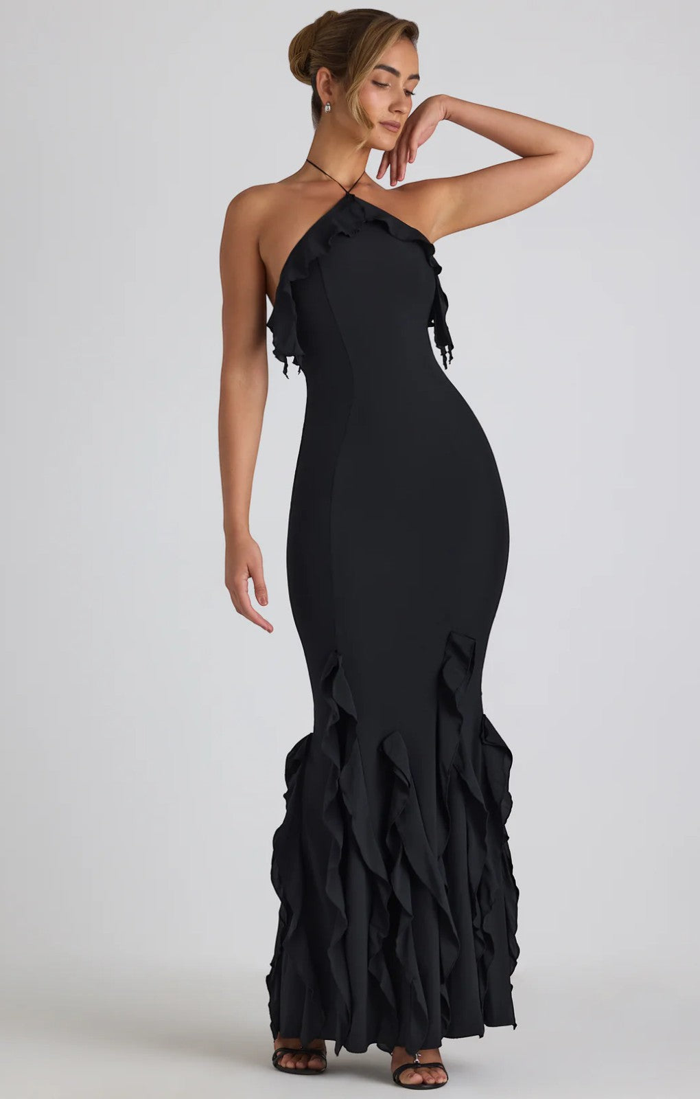 EXHIRE Oh Polly Mireya Ruffle-Trim Halterneck Gown in Black UK 12 – dresses by Oh Polly, available to rent from Hirestreet