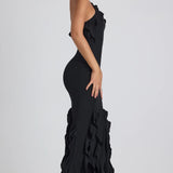 EXHIRE Oh Polly Mireya Ruffle-Trim Halterneck Gown in Black UK 12 – dresses by Oh Polly, available to rent from Hirestreet