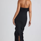 EXHIRE Oh Polly Mireya Ruffle-Trim Halterneck Gown in Black UK 12 – dresses by Oh Polly, available to rent from Hirestreet