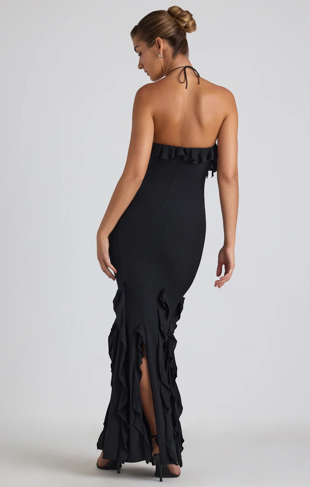 EXHIRE Oh Polly Mireya Ruffle-Trim Halterneck Gown in Black UK 12 – dresses by Oh Polly, available to rent from Hirestreet